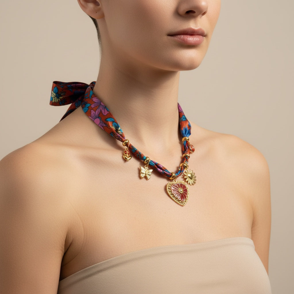 Collier MARTIKA en métal avec pendentif élégant, porté par un mannequin, conçu par la marque Margeli.