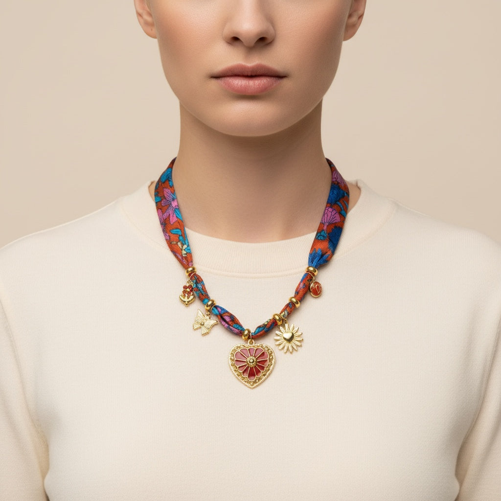 Collier MARTIKA de Margeli avec pendentif élégant en argent, porté sur un fond neutre.