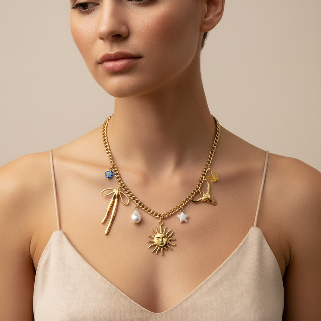 Collier Julia en or avec pendentif délicat porté par un mannequin, bijou élégant de la marque Margeli.